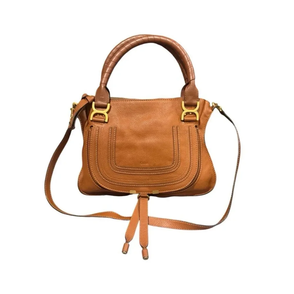 Chloe Marcie Tan Brown Leather Double -2way Carry Satchel Auth